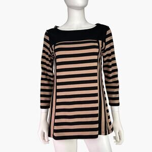 JONES NY Stripped 3/4 Sleeve Boat Neck Shoulder Zipper Top (Tan/Black | Size M)